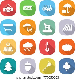 flat vector icon set - sale vector, insurance, lounger, aquapark, field, rain cloud, thermometer, pumpkin, spruce, acorn, rake, maple leaf