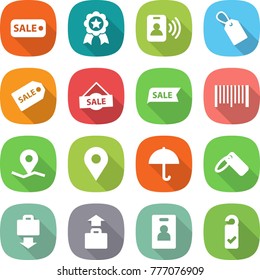 flat vector icon set - sale vector, medal, pass card, label, bar code, geo pin, dry cargo, baggage get, identity, please clean