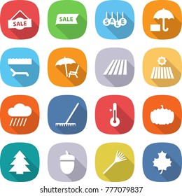 flat vector icon set - sale vector, insurance, lounger, field, rain cloud, rake, thermometer, pumpkin, spruce, acorn, maple leaf