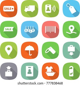 flat vector icon set - sale vector, truck, pass card, label, bar code, geo pin, dry cargo, baggage get, identity, handle washing, please clean