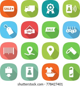 flat vector icon set - sale vector, truck, medal, pass card, label, bar code, geo pin, baggage get, identity, handle washing, please clean