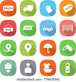flat vector icon set - sale vector, truck, label, bar code, geo pin, dry cargo, baggage get, handle washing, please clean