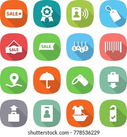 flat vector icon set - sale vector, medal, pass card, label, bar code, geo pin, dry cargo, baggage get, identity, handle washing, please clean