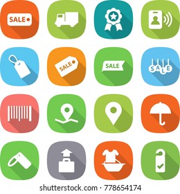 flat vector icon set - sale vector, truck, medal, pass card, label, bar code, geo pin, dry cargo, baggage, handle washing, please clean