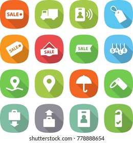 flat vector icon set - sale vector, truck, pass card, label, geo pin, dry cargo, baggage get, identity, please clean
