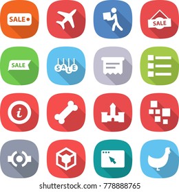 flat vector icon set - sale vector, plane, courier, atm receipt, list, info, bone, castle, blocks, connect, 3d, browser window, chicken
