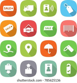 flat vector icon set - sale vector, truck, pass card, label, bar code, geo pin, dry cargo, baggage get, identity, please clean