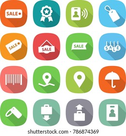 flat vector icon set - sale vector, medal, pass card, label, bar code, geo pin, dry cargo, baggage get, identity