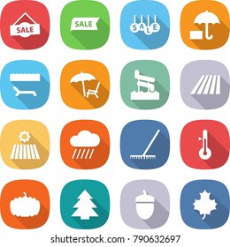 flat vector icon set - sale vector, insurance, lounger, aquapark, field, rain cloud, rake, thermometer, pumpkin, spruce, acorn, maple leaf