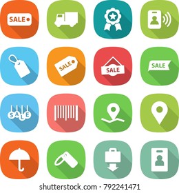 flat vector icon set - sale vector, truck, medal, pass card, label, bar code, geo pin, dry cargo, baggage get, identity