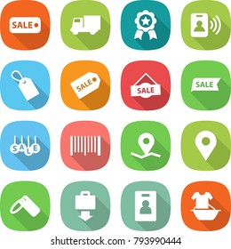 flat vector icon set - sale vector, truck, medal, pass card, label, bar code, geo pin, baggage get, identity, handle washing