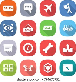 flat vector icon set - sale vector, message, plane, courier, eye identity, atm receipt, info, bone, castle, panel house, palm hammock, 3d, browser window