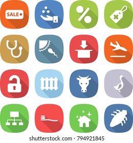flat vector icon set - sale vector, chemical industry, percent, medical label, stethoscope, sperm, package, arrival, unlocked, radiator, cow, goose, hierarchy, tooth brush, house cleaning, bug