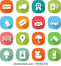 flat vector icon set - sale vector, truck, medal, pass card, label, bar code, geo pin, dry cargo, baggage get, identity, handle washing, please clean