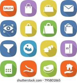 flat vector icon set - sale vector, shopping bag, mail, eye identity, funnel, pregnancy, houses, fridge, sim card, walnut crack, steake, housing