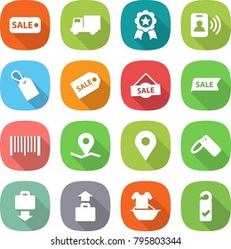 flat vector icon set - sale vector, truck, medal, pass card, label, bar code, geo pin, baggage get, handle washing, please clean