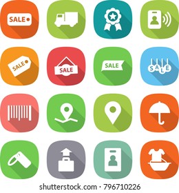 flat vector icon set - sale vector, truck, medal, pass card, label, bar code, geo pin, dry cargo, baggage, identity, handle washing