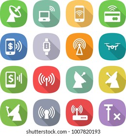 flat vector icon set - satellite antenna vector, notebook wireless, phone, tap to pay, smart watch, drone, mobile, router, no signal