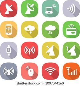 flat vector icon set - satellite antenna vector, notebook wireless, phone, cloud service, tap to pay, smart watch, mouse, signal