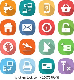 flat vector icon set - satellite vector, notebook connect, phone wireless, delete cart, home, mail, info, unlock, globe, arrival, antenna, server, data transfer, printer, envelope, no signal