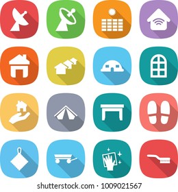 flat vector icon set - satellite antenna vector, sun power, wireless home, houses, dome house, arch window, real estate, tent, table, slippers, rag, trailer, wiping, brush