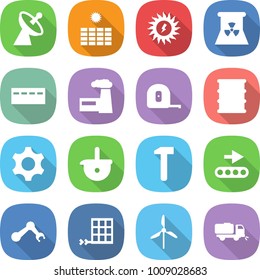 flat vector icon set - satellite antenna vector, sun power, nuclear, bunker, factory, measuring tape, barrel, gear, ladle, hammer, conveyor, robot hand, solar panel, windmill, sweeper