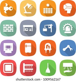 flat vector icon set - satellite vector, table lamp, sun power, virtual mask, brick wall, gas station, loading, alarm, atm, fridge, led, robot hand, cutting board, watering, broom, dryer