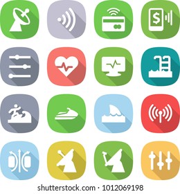 flat vector icon set - satellite antenna vector, wireless, tap to pay, mobile, equalizer, heart pulse, monitor, pool, surfer, jet ski, shark flipper, magnetic field, setup