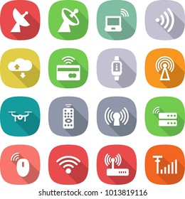 flat vector icon set - satellite antenna vector, notebook wireless, cloud service, tap to pay, smart watch, drone, remote control, server, mouse, router, signal