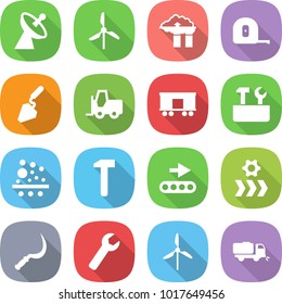 flat vector icon set - satellite antenna vector, windmill, factory filter, measuring tape, construction, fork loader, railroad shipping, repair tools, hammer, conveyor, sickle, wrench, sweeper