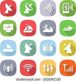 flat vector icon set - satellite antenna vector, wireless, mobile pay, monitor pulse, sail boat, surfer, jet ski, shark flipper, magnetic field, setup, signal