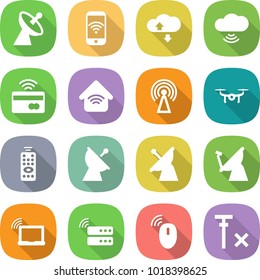 flat vector icon set - satellite antenna vector, phone wireless, cloud service, tap to pay, home, drone, remote control, laptop wifi, server, mouse, no signal