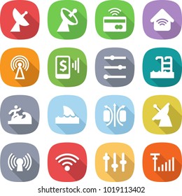 flat vector icon set - satellite antenna vector, tap to pay, wireless home, mobile, equalizer, pool, surfer, shark flipper, magnetic field, setup, signal