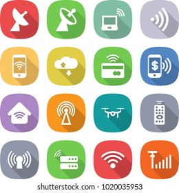 flat vector icon set - satellite antenna vector, notebook wireless, phone, cloud service, tap to pay, home, drone, remote control, server, signal