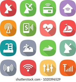 flat vector icon set - satellite antenna vector, tap to pay, wireless home, mobile, heart pulse, sail boat, pool, surfer, jet ski, setup, signal