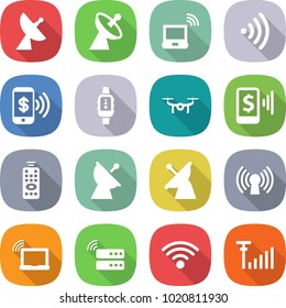 flat vector icon set - satellite antenna vector, notebook wireless, phone pay, smart watch, drone, mobile, remote control, laptop wifi, server, signal