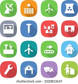 flat vector icon set - satellite antenna vector, sun power, windmill, nuclear, tools, nail, architect, railroad shipping, repair, conveyor, robot, wrench, barn, sweeper, garbage bin
