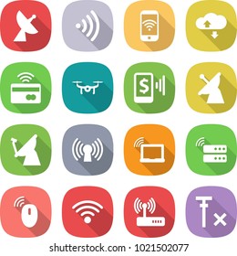 flat vector icon set - satellite antenna vector, wireless, phone, cloud service, tap to pay, drone, mobile, laptop wifi, server, mouse, router, no signal