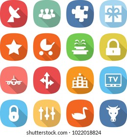 flat vector icon set - satellite antenna vector, group, puzzle, gift, star, baby stroller, fountain, lock, plane, route, hotel, tv, setup, goose, cow