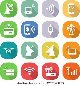 flat vector icon set - satellite antenna vector, notebook wireless, phone, tap to pay, smart watch, drone, laptop wifi, server, router, signal