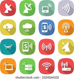 flat vector icon set - satellite antenna vector, notebook wireless, cloud service, phone pay, drone, mobile, laptop wifi, server, router