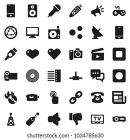 Flat vector icon set - satellite antenna vector, cinema clap, disk, music hit, microphone, radio, newspaper, speaker, gamepad, tv, video camera, remote control, internet, mobile phone, touchscreen