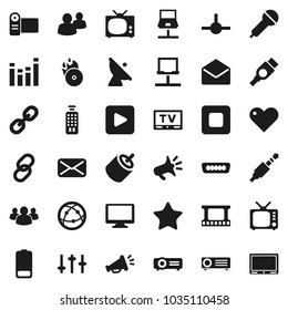 Flat Vector Icon Set - Satellite Antenna Vector, Film Frame, Music Hit, Microphone, Tv, Settings, Equalizer, Remote Control, Internet, Monitor, Link, Group, Favorites, Heart, Battery, Mail, Stop