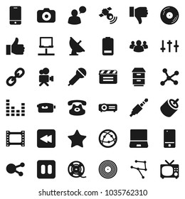 Flat vector icon set - satellite antenna vector, cinema clap, film frame, spool, disk, camera, microphone, satellitie, settings, equalizer, video, internet, mobile phone, speaking man, notebook pc