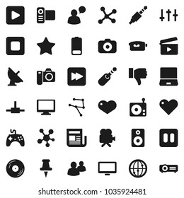 Flat vector icon set - satellite antenna vector, cinema clap, disk, camera, radio, newspaper, gamepad, settings, video, internet, speaking man, monitor, notebook pc, social media, speaker, group