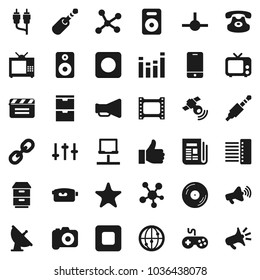 Flat vector icon set - satellite antenna vector, cinema clap, film frame, disk, camera, satellitie, newspaper, loudspeaker, tv, gamepad, settings, equalizer, video, internet, mobile phone, classic