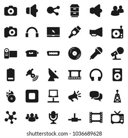 Flat vector icon set - satellite antenna vector, film frame, disk, music hit, camera, microphone, radio, satellitie, speaker, loudspeaker, video, dialog, headphones, notebook pc, social media, group