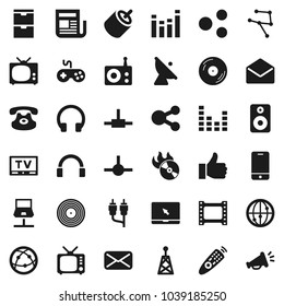 Flat vector icon set - satellite antenna vector, film frame, disk, music hit, radio, newspaper, tv, gamepad, equalizer, remote control, internet, mobile phone, headphones, notebook pc, classic, mail