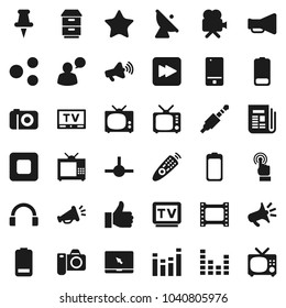 Flat vector icon set - satellite antenna vector, film frame, newspaper, loudspeaker, tv, equalizer, video camera, remote control, mobile phone, touchscreen, speaking man, headphones, notebook pc