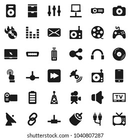 Flat vector icon set - satellite antenna vector, film spool, disk, music hit, camera, radio, satellitie, speaker, gamepad, settings, equalizer, tv, video, remote control, mobile phone, touchscreen